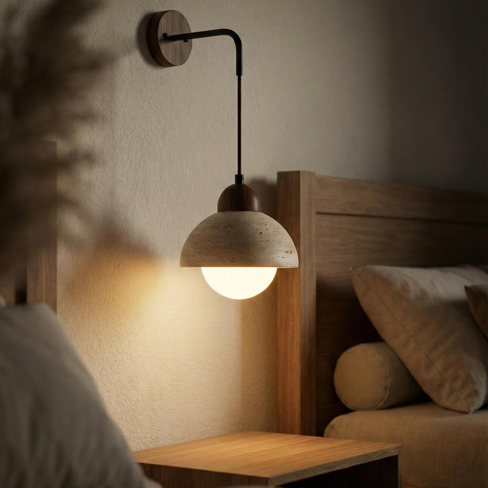 Japanese Wabi Sabi Travertine Stone Wall Lamp | LED Bedside Light for Bedroom & Living Room | Lufa Decor