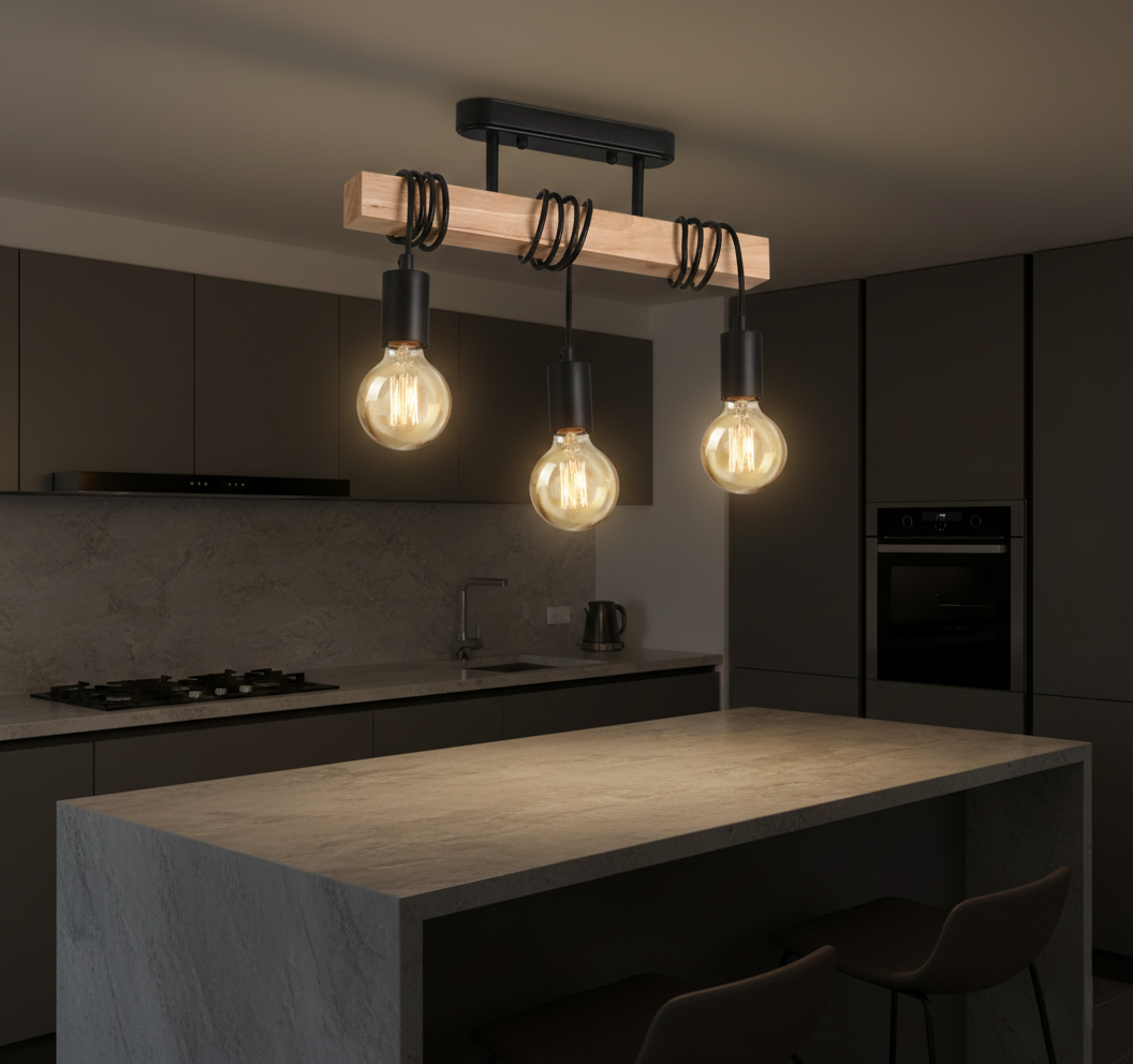 Retro Wooden Chandelier Pendant Light | 3-Light E27 Hanging Lamp for Kitchen, Dining Room & Living Room