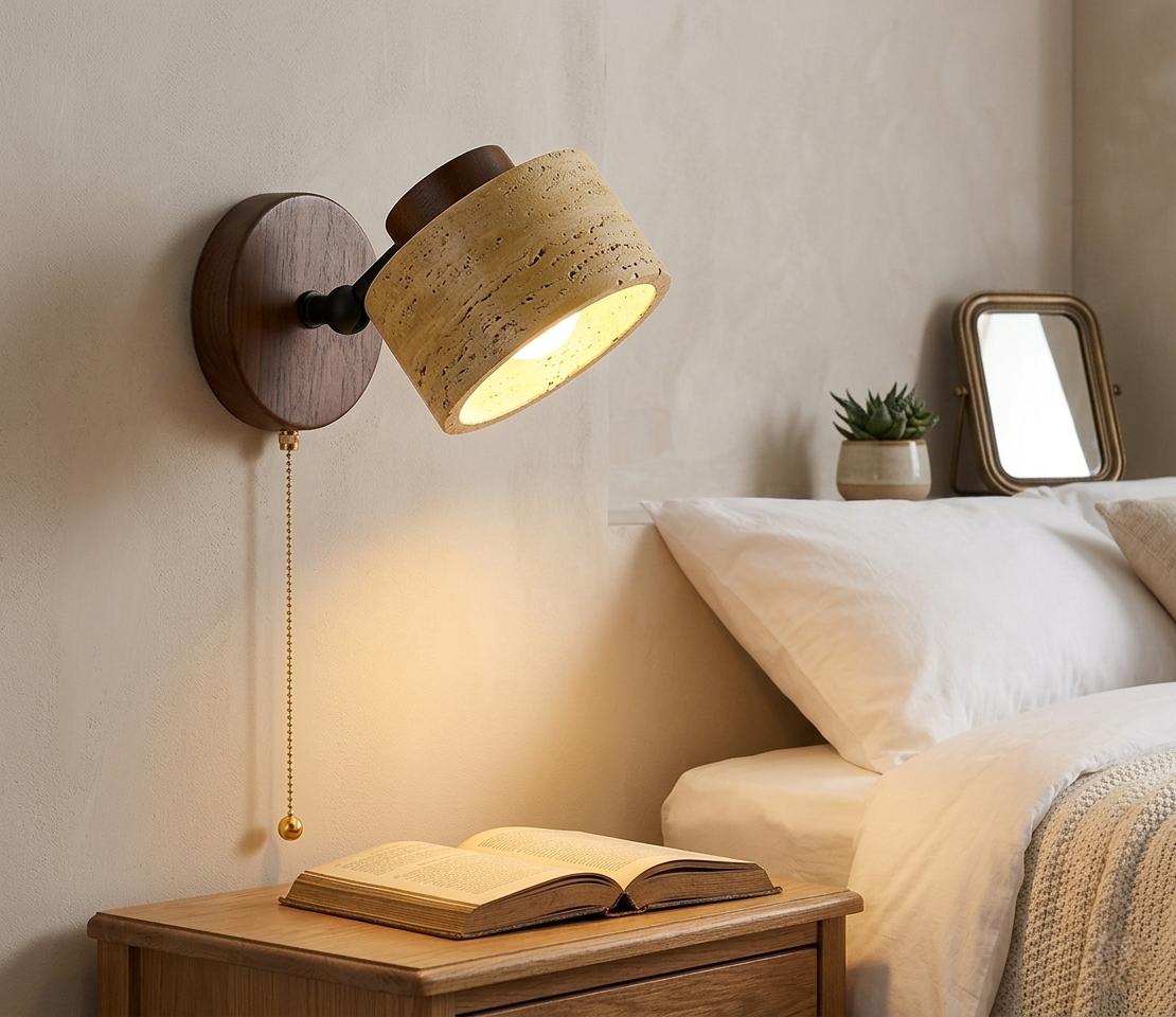 Yellow Travertine Stone Wall Lamp | Wabi Sabi Japandi LED Sconce with Walnut or Log Wood