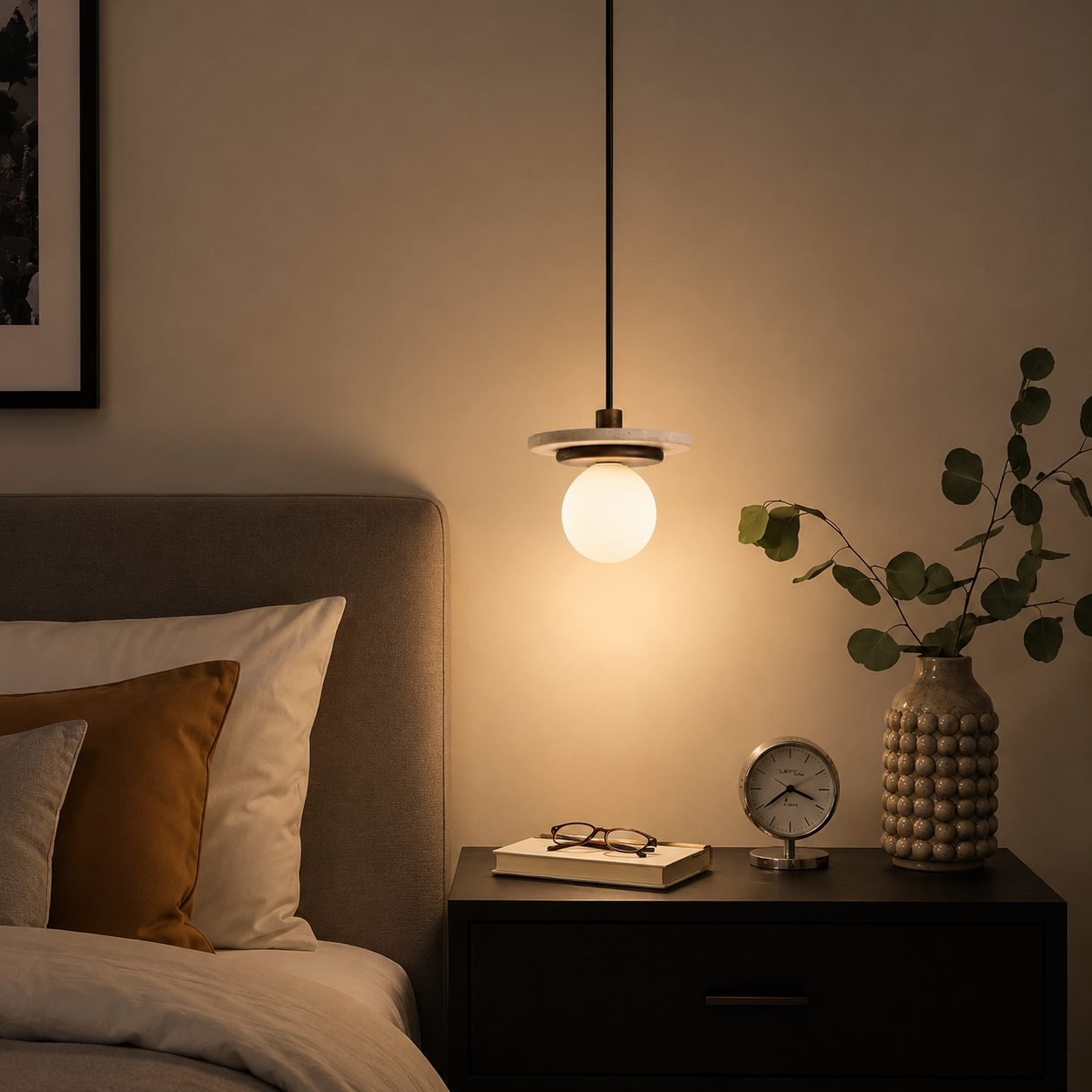 Wabi Sabi Natural Stone & Wood Pendant Light | G9 LED Hanging Lamp with Glass Shade | Lufa Decor