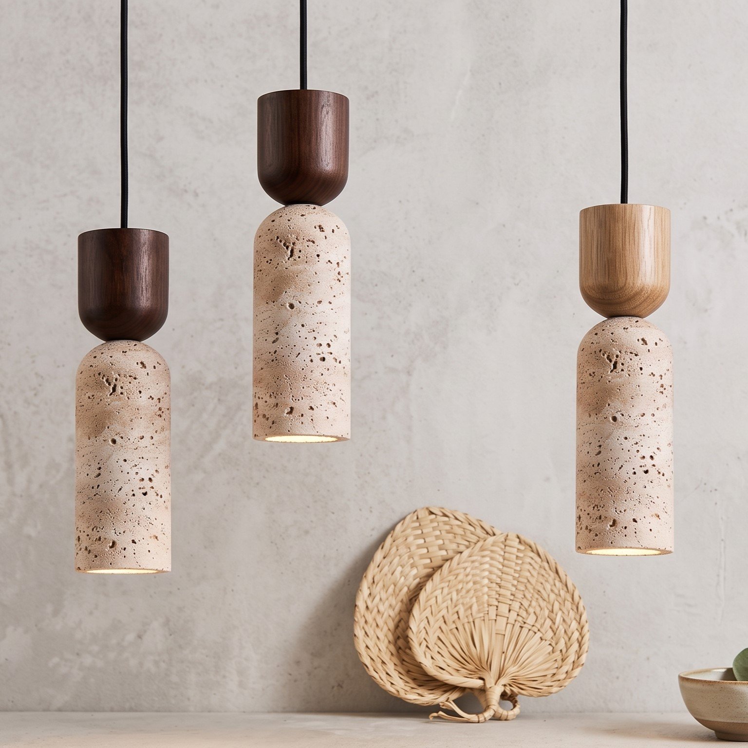 Wabi Sabi Travertine Stone Pendant Light | Japanese Hanging Lamp with Wood for Bedroom & Dining