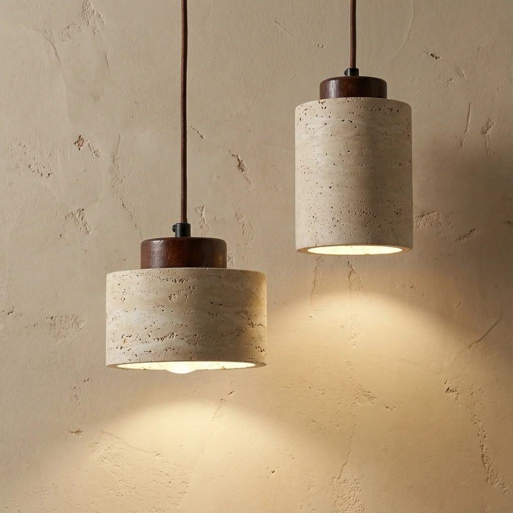 Yellow Travertine Stone Pendant Light | Wabi Sabi Natural Stone Hanging Lamp with Walnut or Light Wood Color