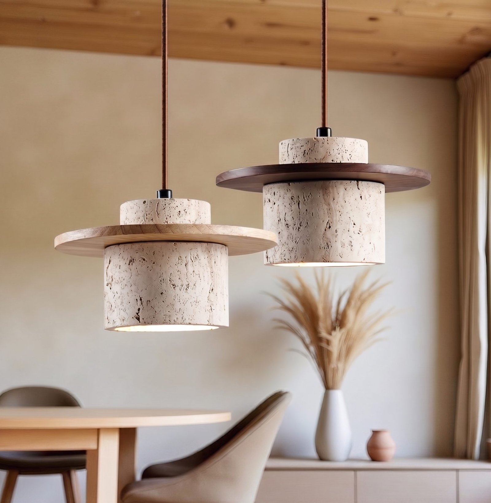 Wabi-Sabi Travertine Stone Pendant Light | E27 LED Hanging Lamp with Wood for Bedroom & Dining
