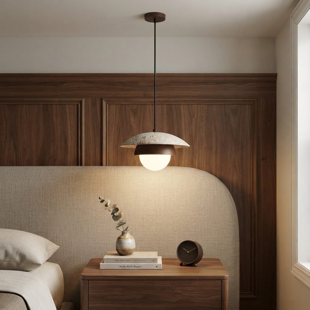 Modern Travertine Wood Pendant Light | Natural Stone & Walnut Wood Lamp for Dining, Kitchen & Bedroom