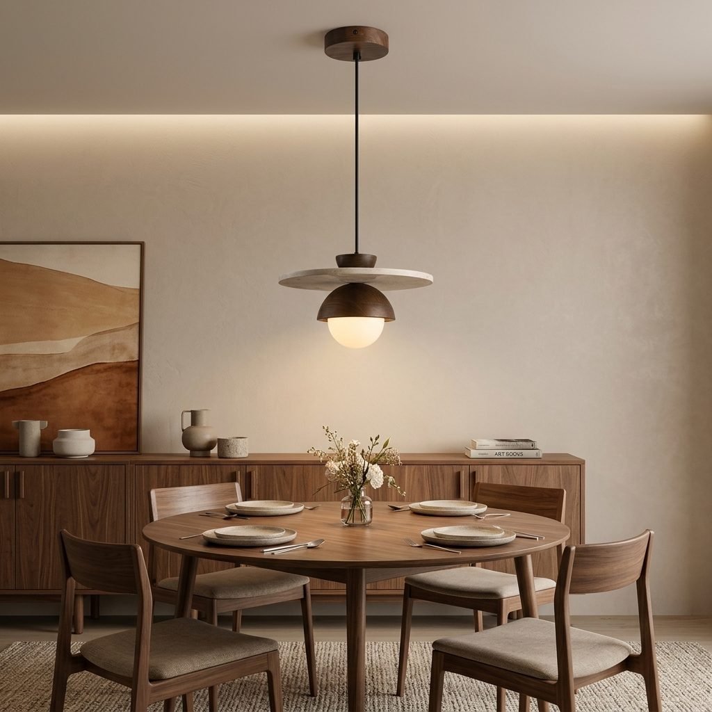 Walnut Wood & Natural Stone Pendant Light | Modern Hanging Lamp for Bedroom & Dining