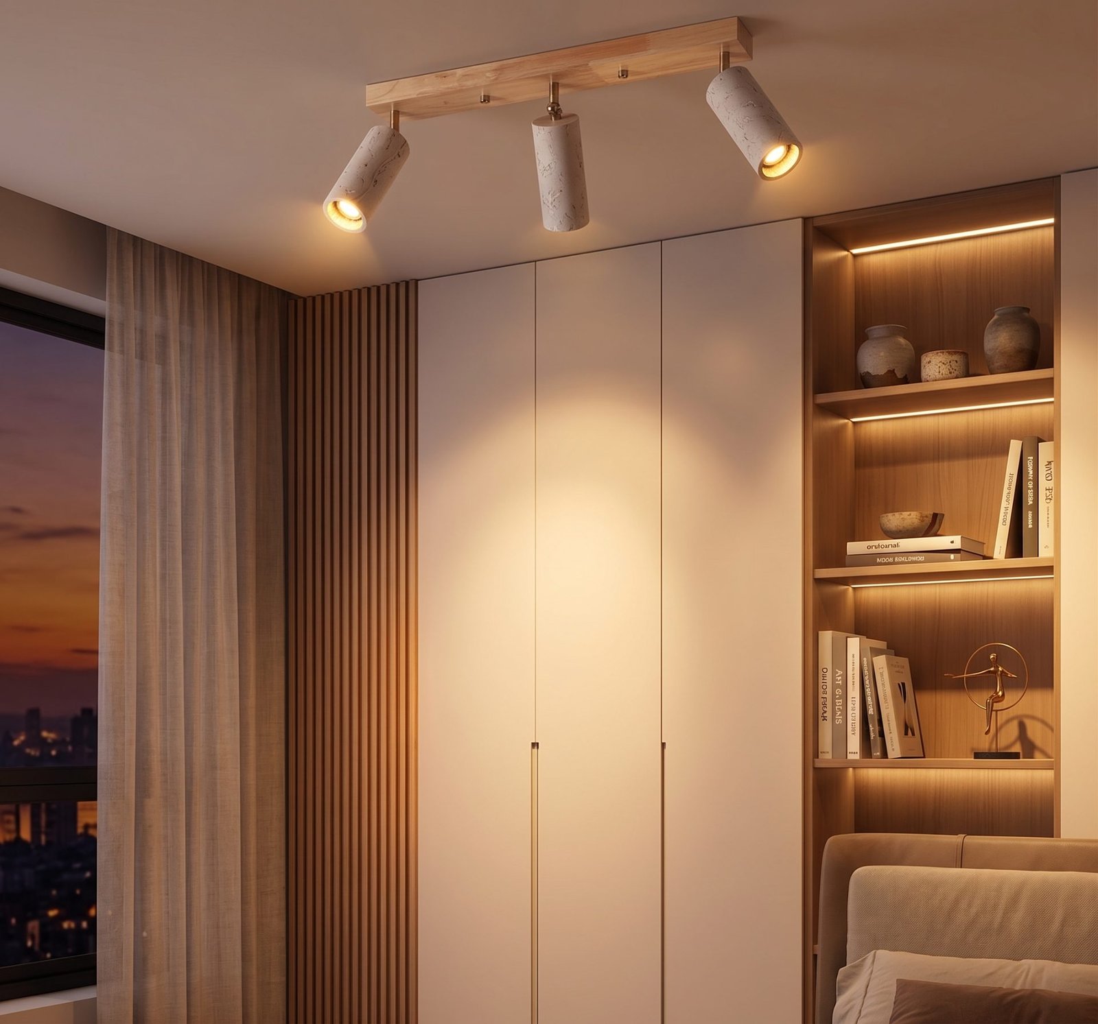 Modern Travertine 3-Light Ceiling Spotlight | Adjustable Stone & Wood Fixture for Living Room, Kitchen & Hallway