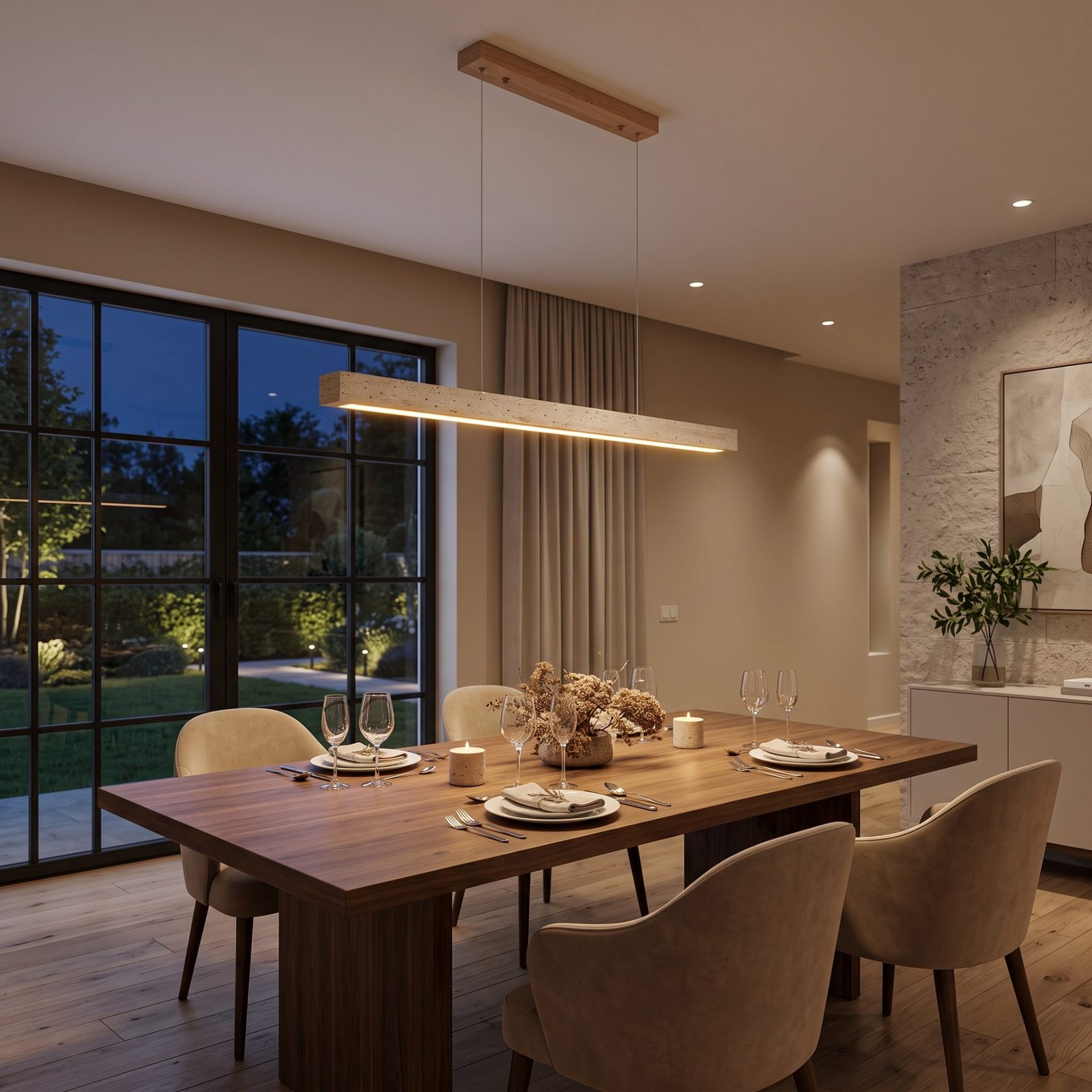 Modern Wabi Sabi Travertine Chandelier | Linear Stone & Walnut Wood Pendant for Dining & Kitchen