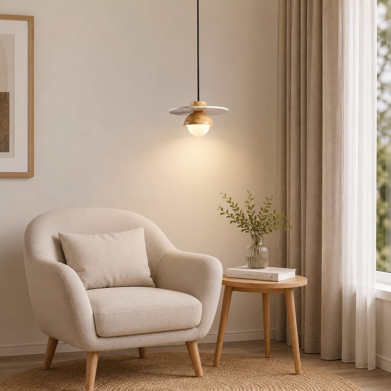 Modern Yellow Travertine & White Glass Pendant Light | Nordic LED Hanging Lamp for Bedroom & Dining
