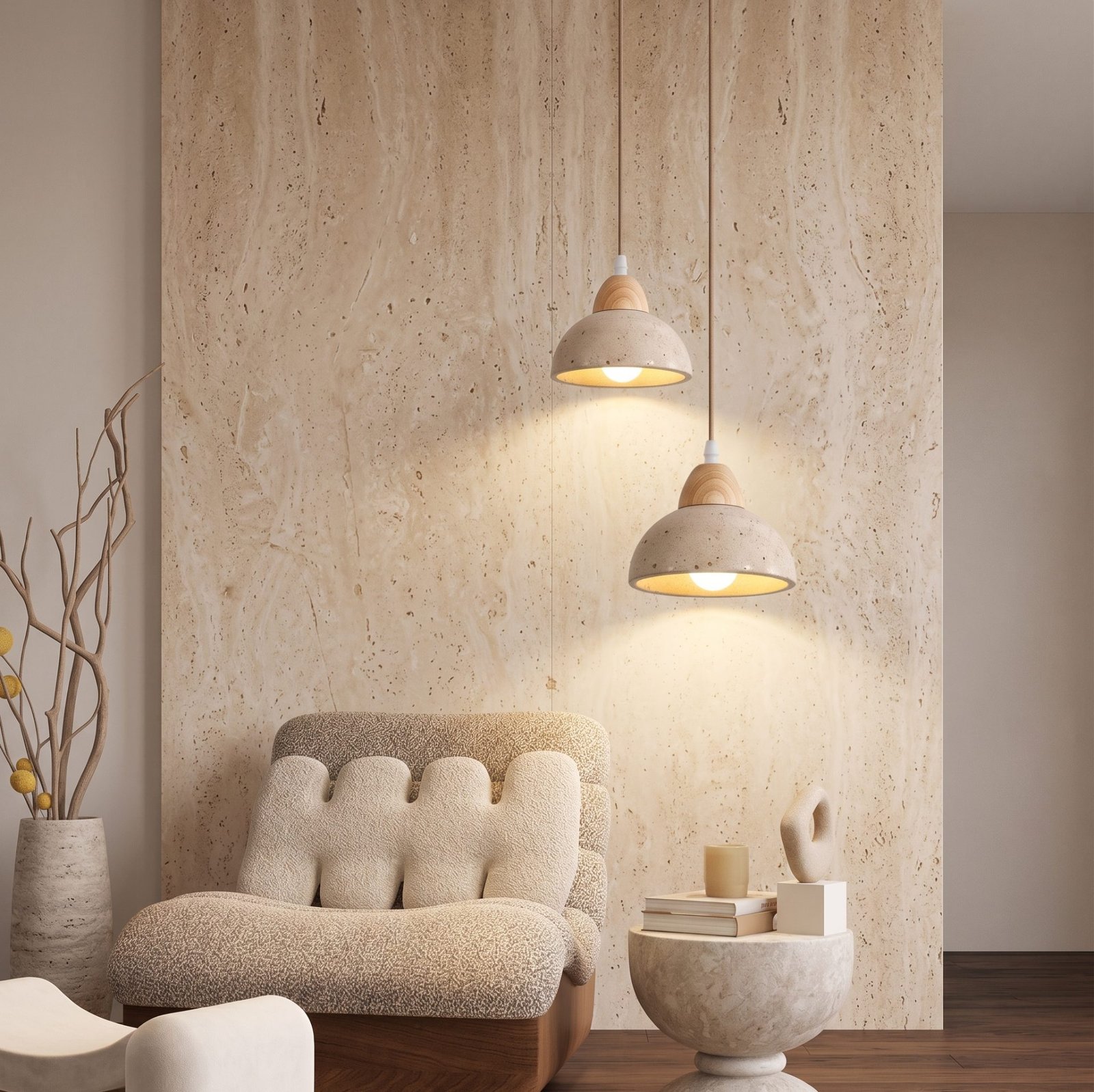 Japanese Wabi Sabi Travertine Stone & Wood Pendant Light | LED Hanging Lamp for Bedroom & Dining