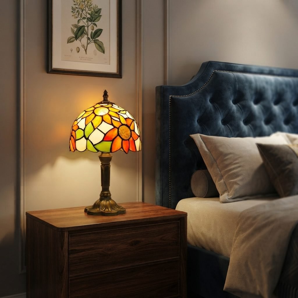 Vintage Tiffany Plug-In Stained Glass Table Lamp | Colorful Bedside Light for Bedroom & Living Room