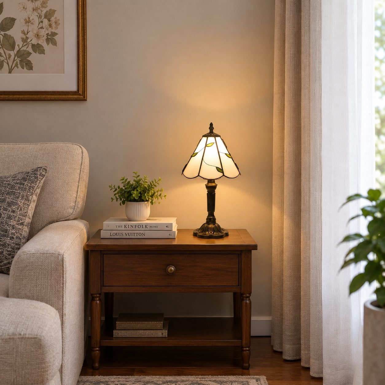 Vintage Tiffany Plug-In Stained Glass Table Lamp | Bedside Light for Bedroom & Living Room