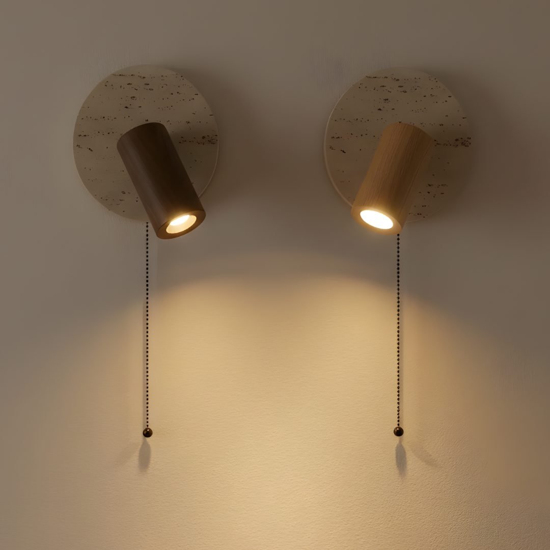 Japanese Wabi Sabi Travertine Stone Wall Lamp with Pull Chain | LED Reading Light for Bedroom & Living Room