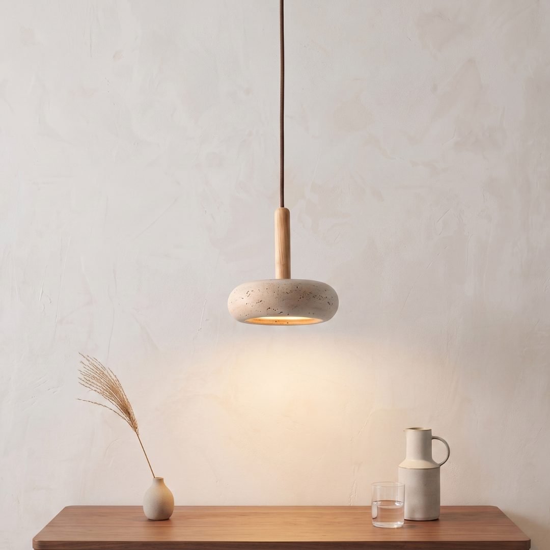 Japanese Wabi Sabi Travertine Stone Pendant Light | LED Hanging Lamp for Kitchen, Dining Room & Bedroom