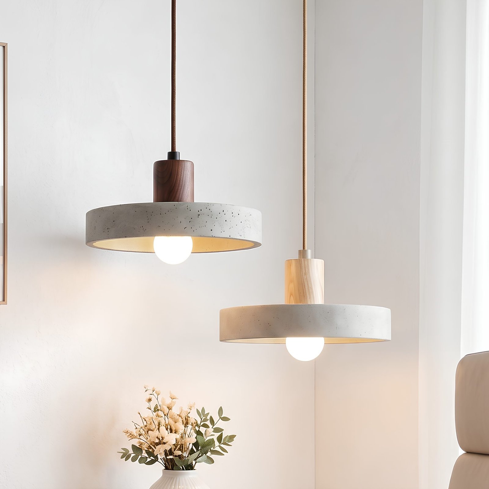 Wabi Sabi Travertine Stone Pendant Light | Japandi Wood Hanging Lamp with Warm LED | Lufa Decor