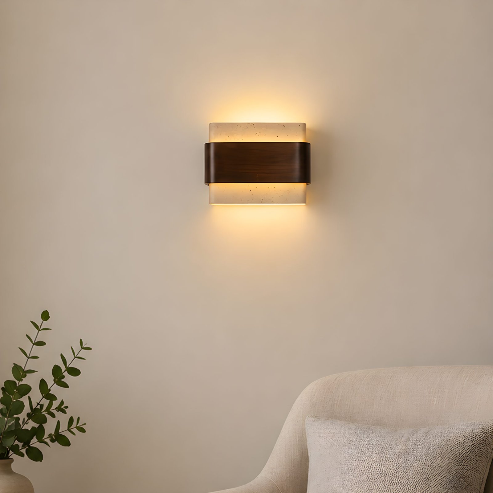 Wabi Sabi Wood & Natural Stone LED Wall Lamp | Up & Down Warm Glow Sconce for Bedroom, Hallway & Living Room