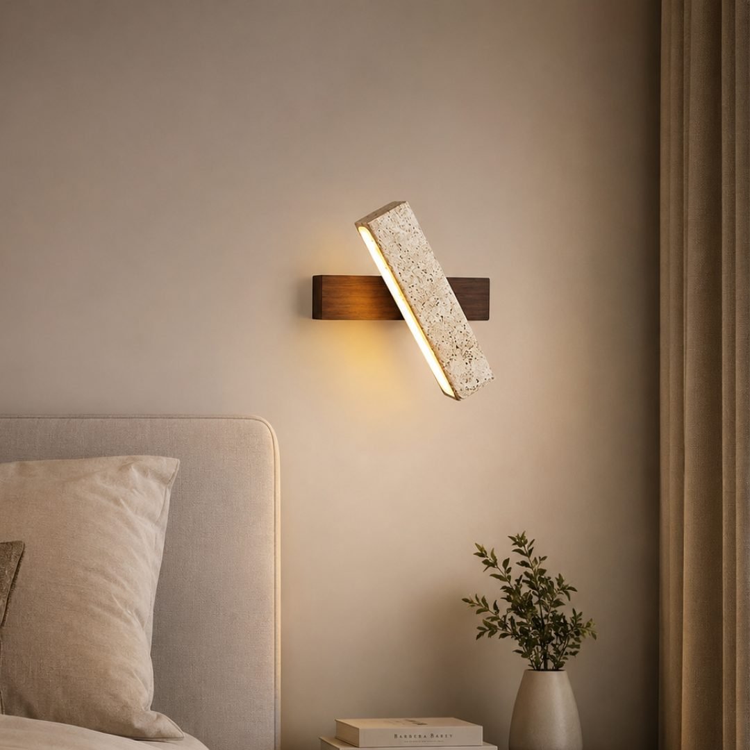 Natural Travertine Stone & Wood Wall Sconce | 180° Rotating LED Wall Lamp for Bedroom & Hallway