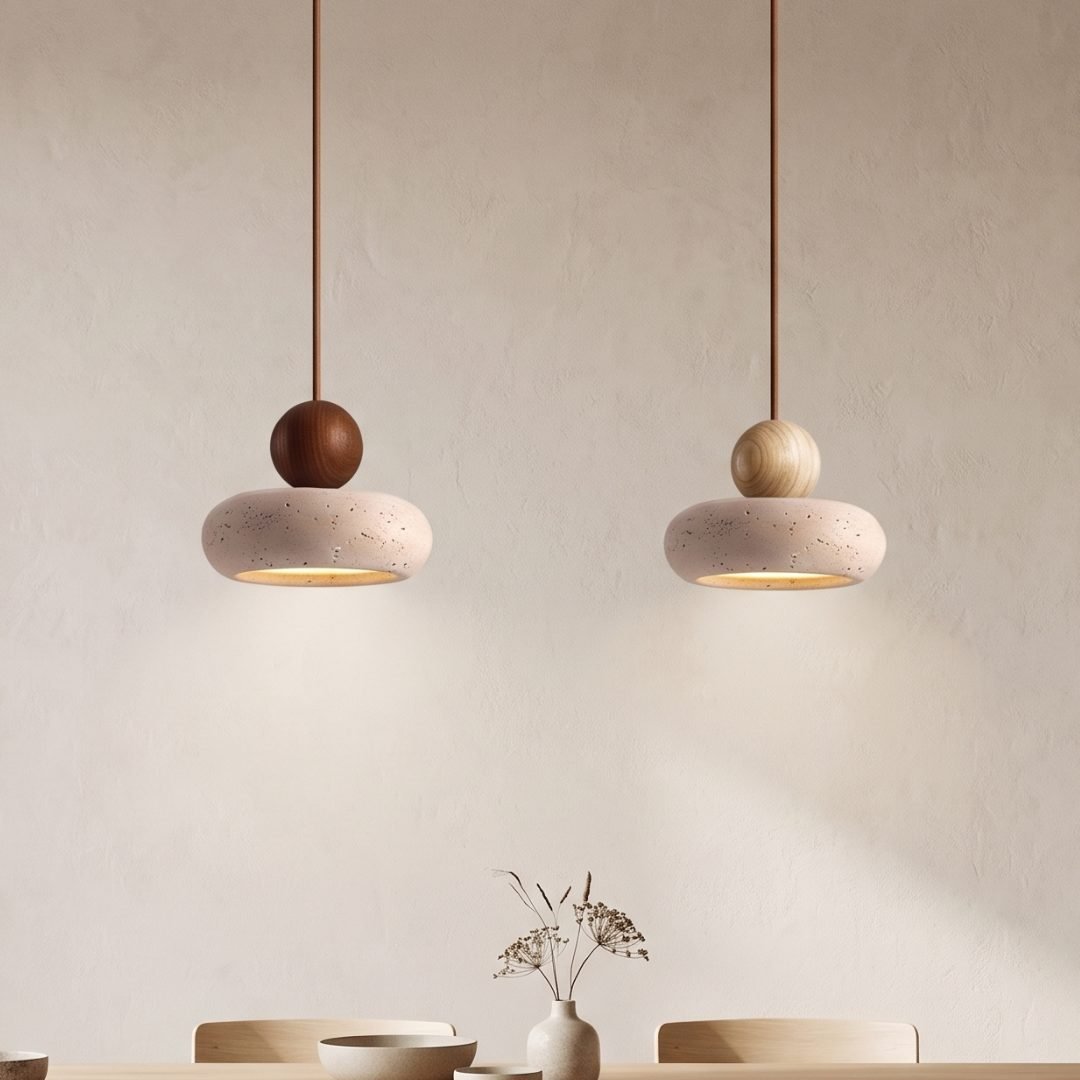 Natural Stone & Wood Pendant Light | Modern Yellow Stone Hanging Lamp for Bedroom & Dining