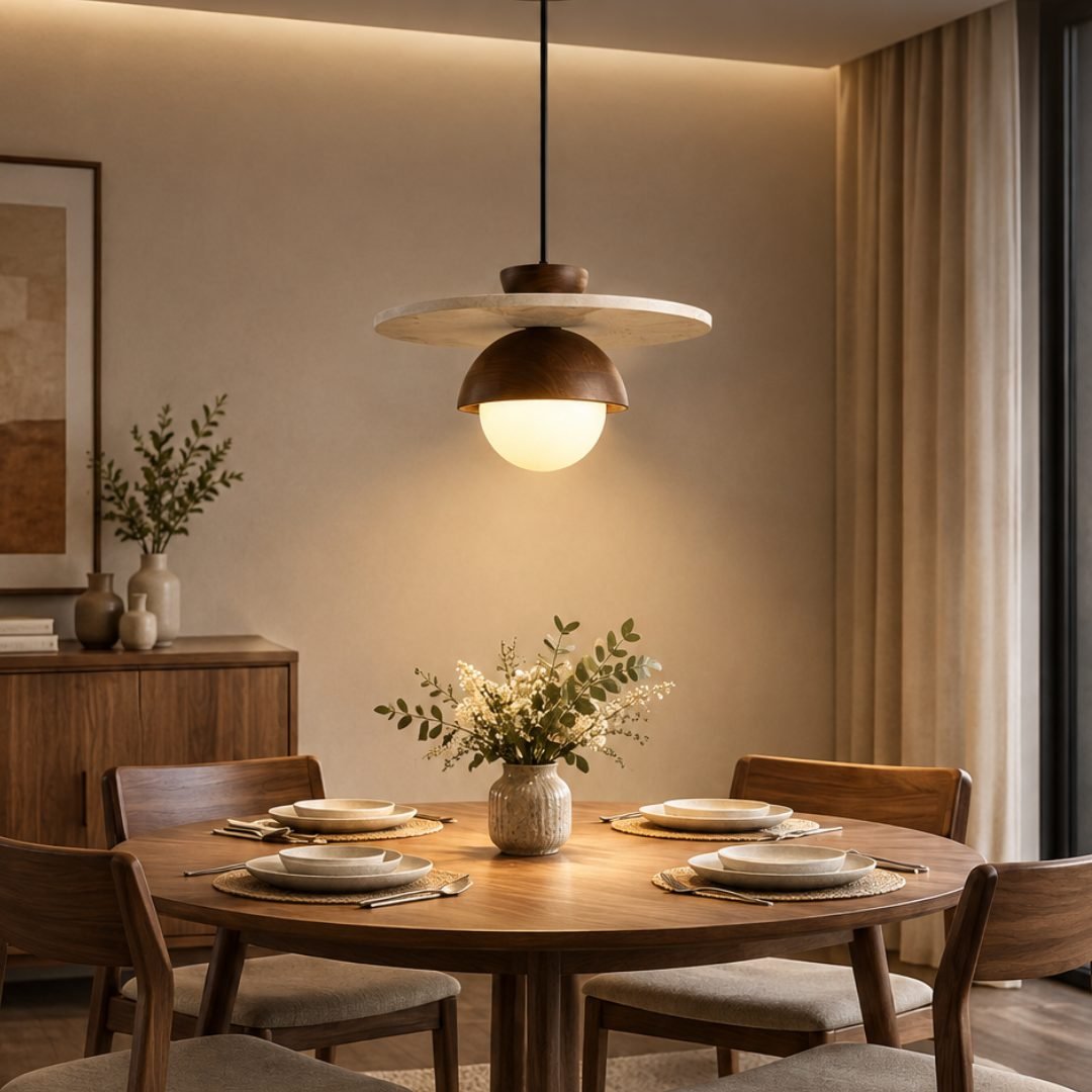 Walnut Wood & Natural Stone Pendant Light | Modern Hanging Lamp for Bedroom & Dining