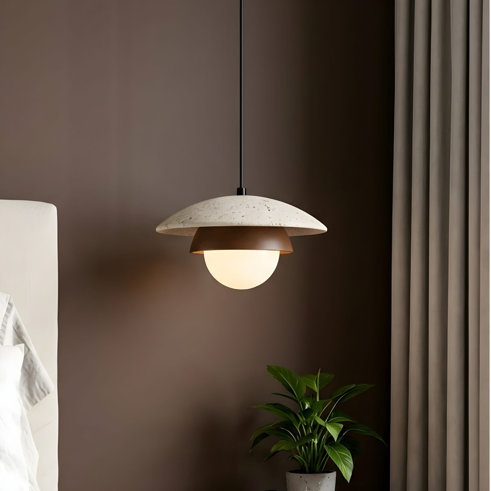 Modern Travertine Wood Pendant Light | Natural Stone & Walnut Wood Lamp for Dining, Kitchen & Bedroom