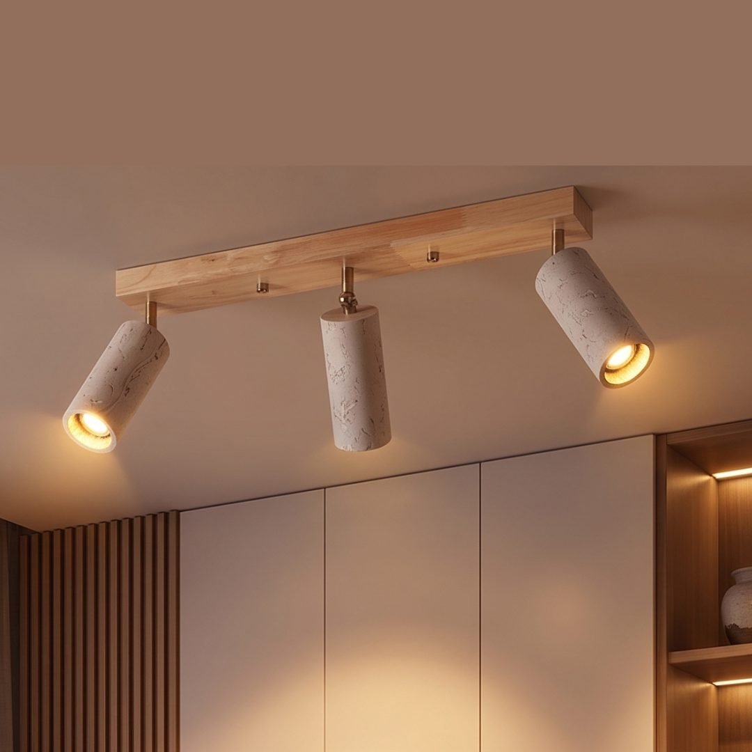 Modern Travertine 3-Light Ceiling Spotlight | Adjustable Stone & Wood Fixture for Living Room, Kitchen & Hallway