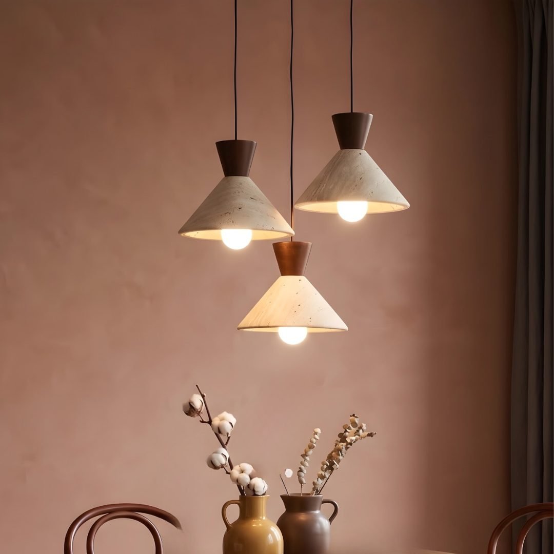 Modern Travertine Stone & Wood Pendant Light | Wabi Sabi LED Hanging Lamp for Dining & Kitchen
