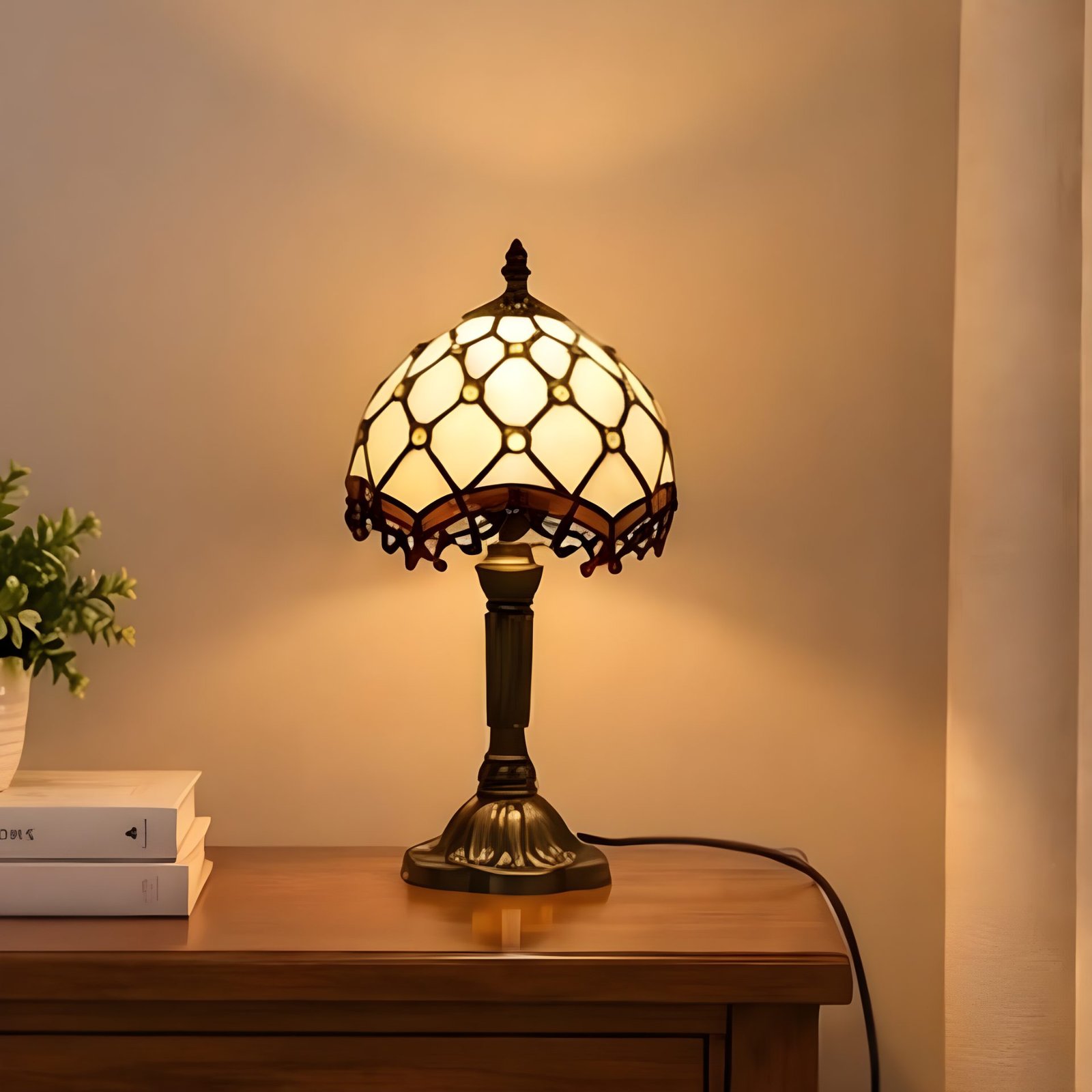 Vintage Tiffany Plug-In Stained Glass Table Lamp | Bedside Light for Bedroom & Living Room