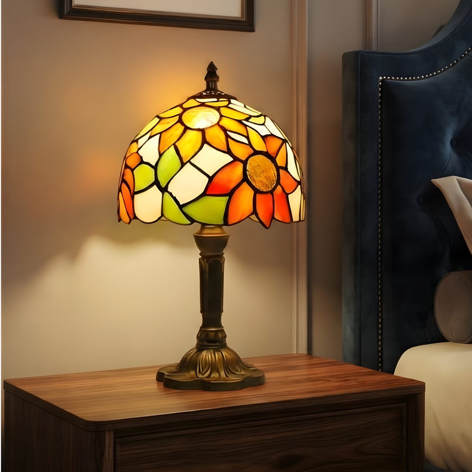 Vintage Tiffany Plug-In Stained Glass Table Lamp | Colorful Bedside Light for Bedroom & Living Room